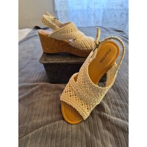 Maurice's Cork 1.5"Platform 4.25" Wedge Black slingback sandals cut-outs SZ 9